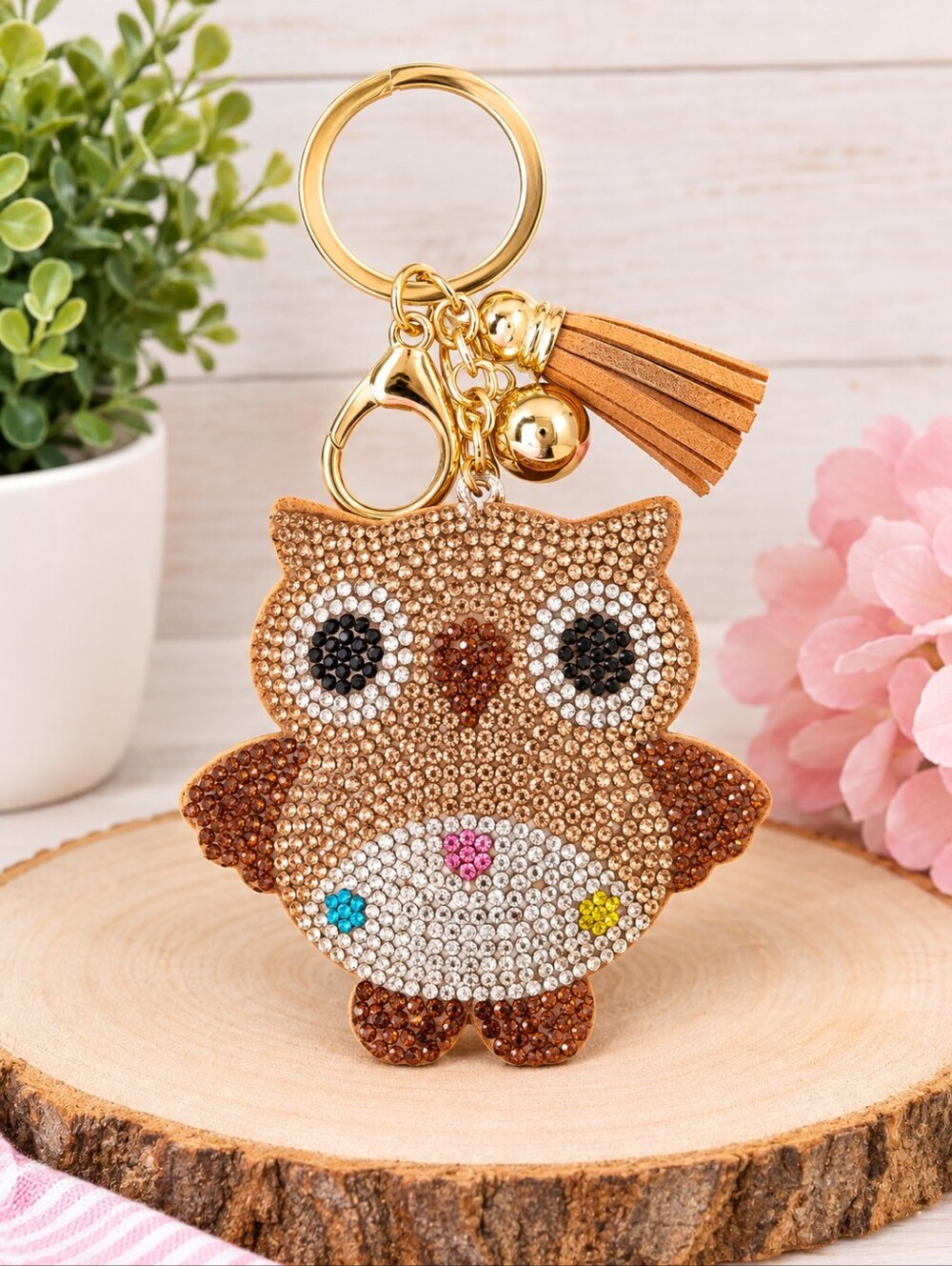 Crystal Owl Keychain Charm - Brown Rhinestone Keyring